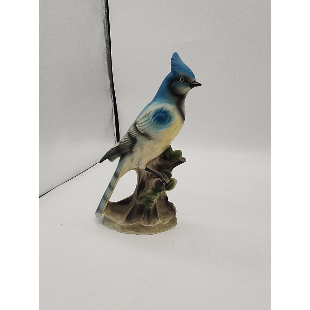 Vintage Napco Blue Jay Bird Figurine On A Tree Branch Tall Hand Painted
